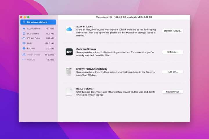 الإجراءات الموصى بها لمسح مساحة التخزين في MacOS Monterey.