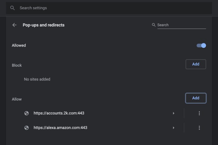 إعدادات النوافذ المنبثقة في Chrome لنظام التشغيل macOS.