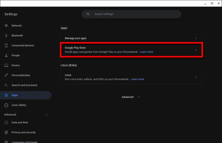 خيار متجر Google Play في إعدادات جهاز Chromebook.