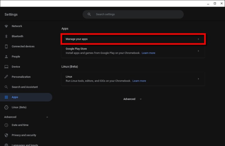 خيار إدارة تطبيقاتك على جهاز Chromebook.