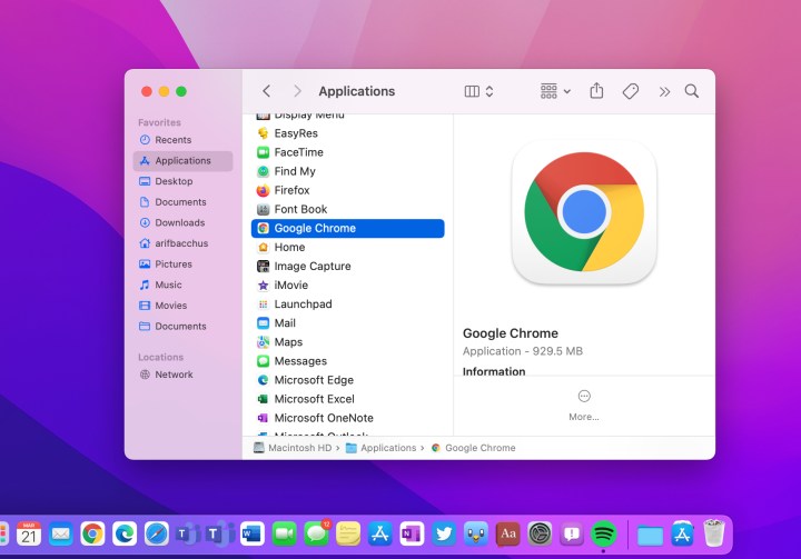 تم تحديد Google Chrome من قائمة التطبيقات على نظام التشغيل Mac.