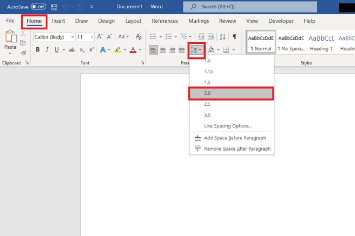 كيفية مضاعفة المسافة في مستند Microsoft Word قبل كتابة النص.
