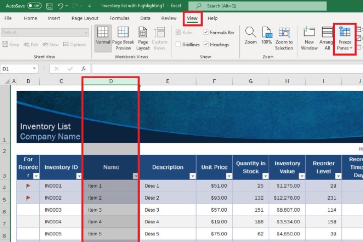 لقطة شاشة لبرنامج Excel تعرض تحديد العمود وعلامة التبويب عرض وخيار تجميد الأجزاء.