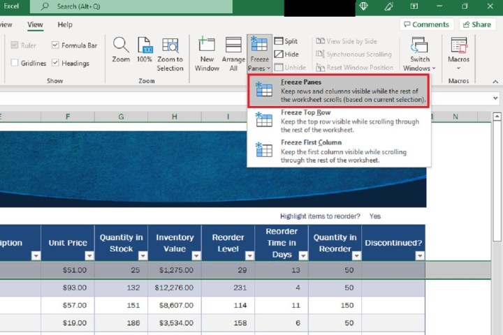 لقطة شاشة لبرنامج Excel تعرض خيارات القائمة المنسدلة لتجميد الأجزاء.