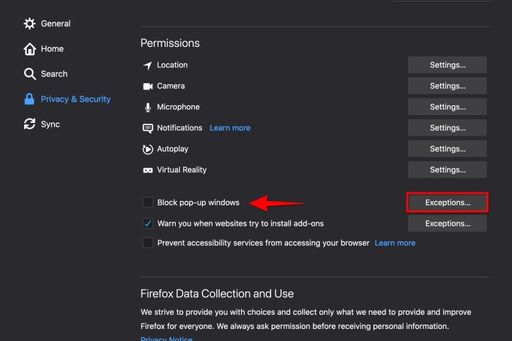 إعدادات النوافذ المنبثقة في Firefox لنظام macOS.