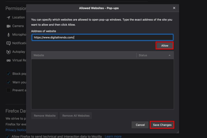 خيار السماح يدويًا بالنوافذ المنبثقة لموقع الويب في Firefox لنظام التشغيل macOS.