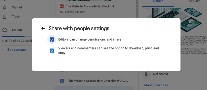 خيارات مشاركة جوجل درايف.