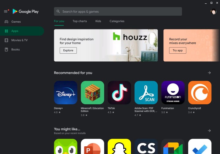 الصفحة الرئيسية لمتجر Google Play على جهاز Chromebook.