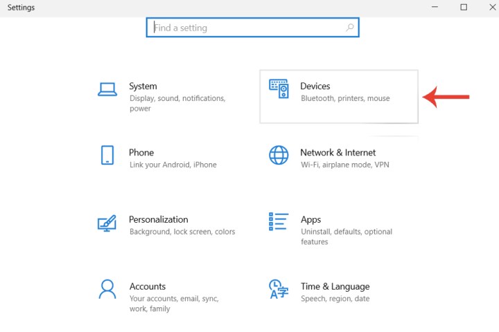 خيار الأجهزة على نظام التشغيل Windows 10.