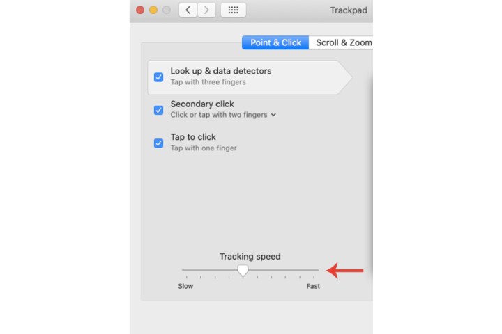 قسم سرعة التتبع لتغيير سرعة لوحة التتبع/الماوس على جهاز Mac.