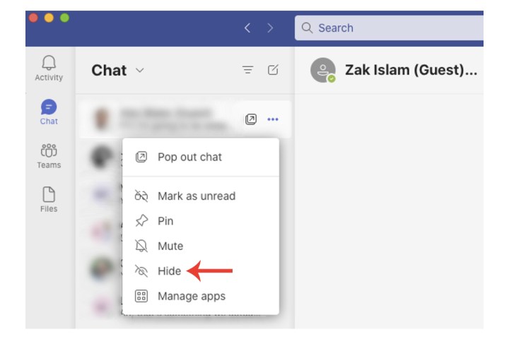 خيار إخفاء لإخفاء محادثة من الشريط الجانبي للمحادثات في Microsoft Teams.