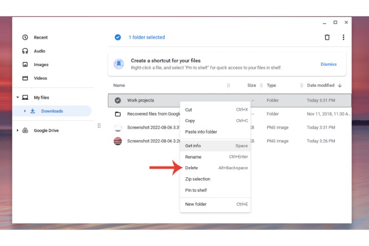 حذف ملف أو مجلد على جهاز Chromebook.