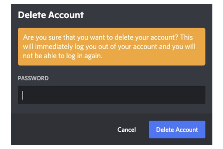 إدخال كلمة المرور لتأكيد حذف الحساب في Discord.