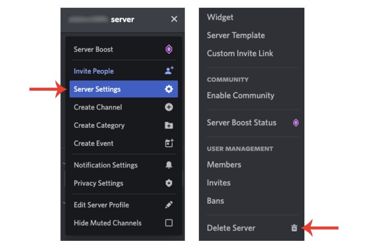 خيارات حذف الخادم في Discord.