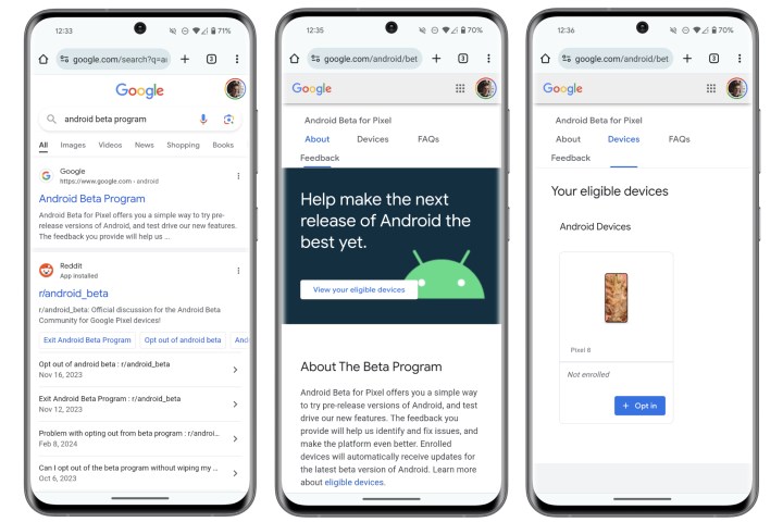 لقطات شاشة لزيارة موقع برنامج Android Beta لتنزيل الإصدار التجريبي من Android 15.