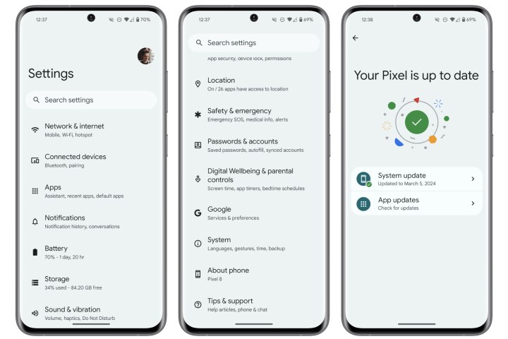 لقطات شاشة للتنقل في تطبيق الإعدادات على هاتف Pixel لتنزيل الإصدار التجريبي من Android 15.