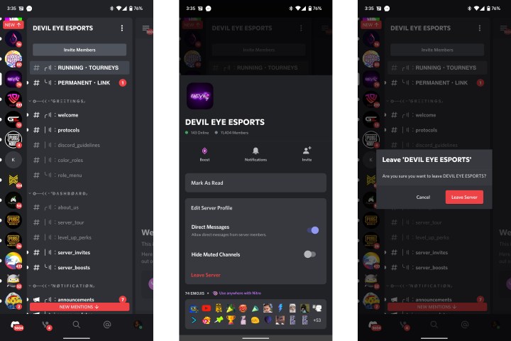 لقطة شاشة لكيفية ترك خادم Discord على الهاتف المحمول.