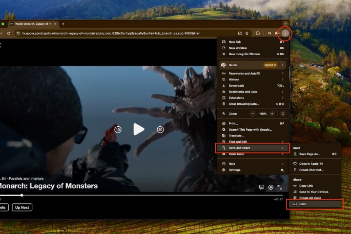 تحديدات Cast في متصفح Chrome لتشغيل Apple TV+ على Chromecast.