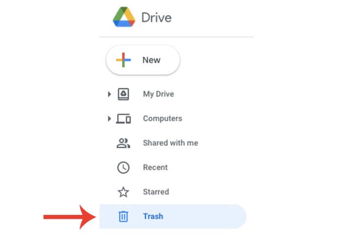 توجد أداة سلة المهملات على Google Drive على الشريط الجانبي.