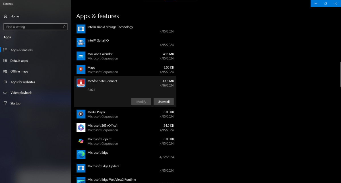 McAfee SafeConnect VPN في قائمة التطبيقات والميزات في Windows 10