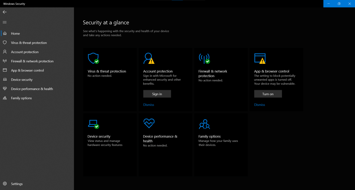 تطبيق Windows Security في نظام التشغيل Windows 10 بعد إلغاء تثبيت McAfee