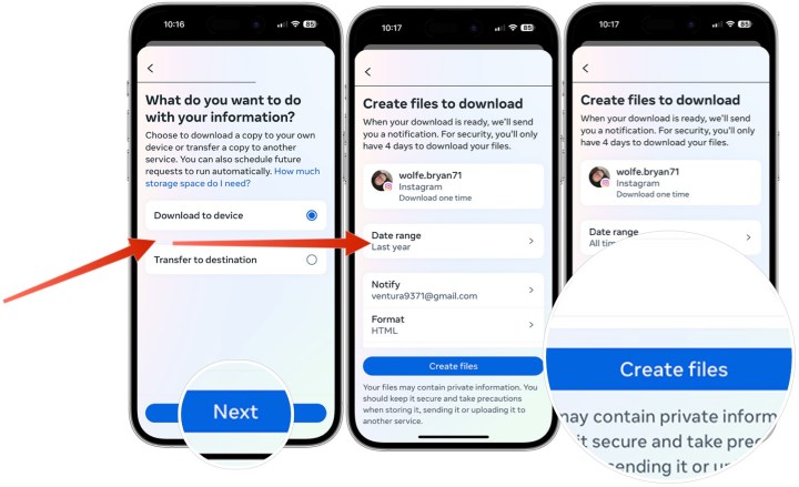 لقطات شاشة توضح كيفية إنشاء تقرير متابع على Instagram.