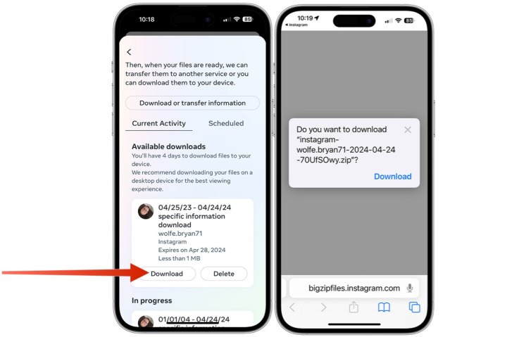 لقطة شاشة توضح كيفية تنزيل معلومات المتابعين لـ Instagram.