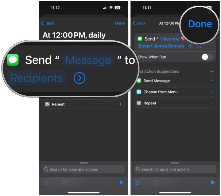 اضغط على حقلي الرسالة والمستلمين للتخصيص، ثم حدد تم.
