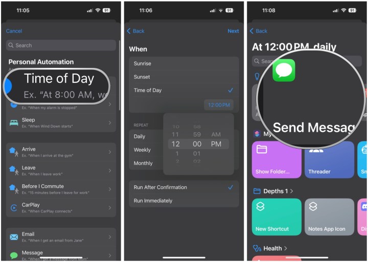 حدد الوقت من اليوم، واضبط الوقت، ثم حدد إرسال رسالة.
