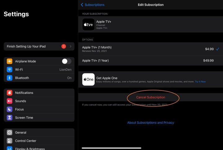 إلغاء اشتراك Apple TV+ في iPad.