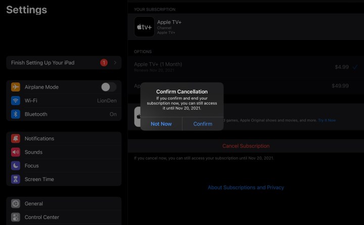 تأكيد الإلغاء على جهاز iPad.
