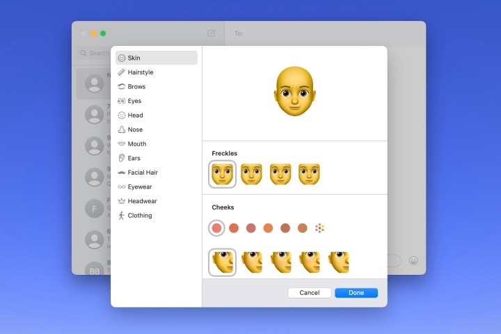 شاشة إنشاء Memoji في الرسائل على الـ Mac.
