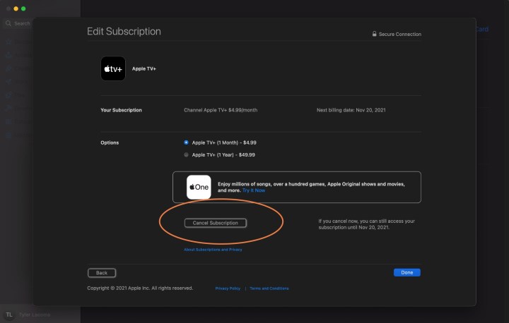 نظام التشغيل MacOS قم بإلغاء اشتراك TV+.