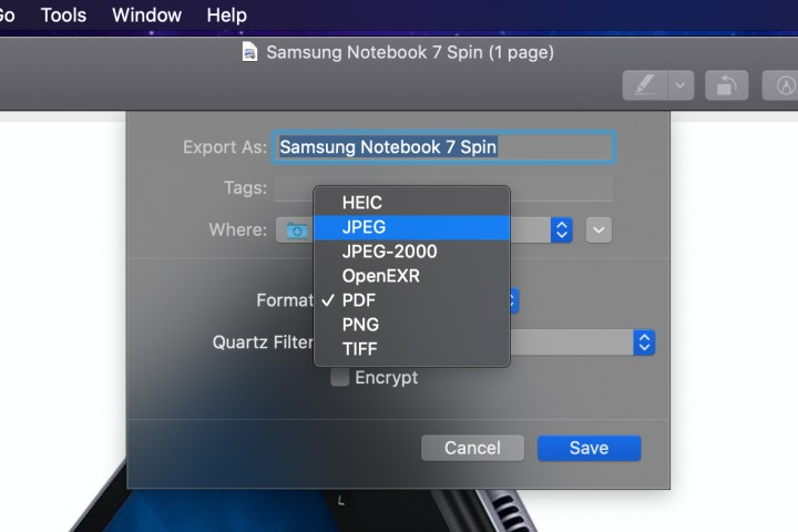 خيار التصدير إلى JPG في نظام التشغيل macOS.