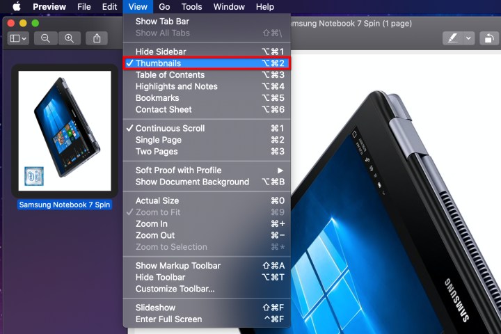 خيار تمكين الصور المصغرة في Preview لنظام التشغيل macOS.