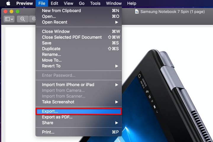 خيار التصدير في نظام التشغيل macOS.