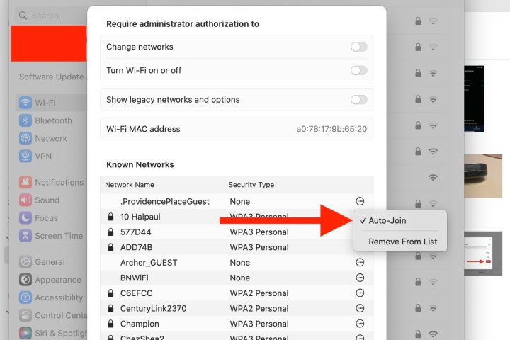 قائمة إعدادات Wi-Fi المتقدمة في نظام التشغيل macOS Sonoma.