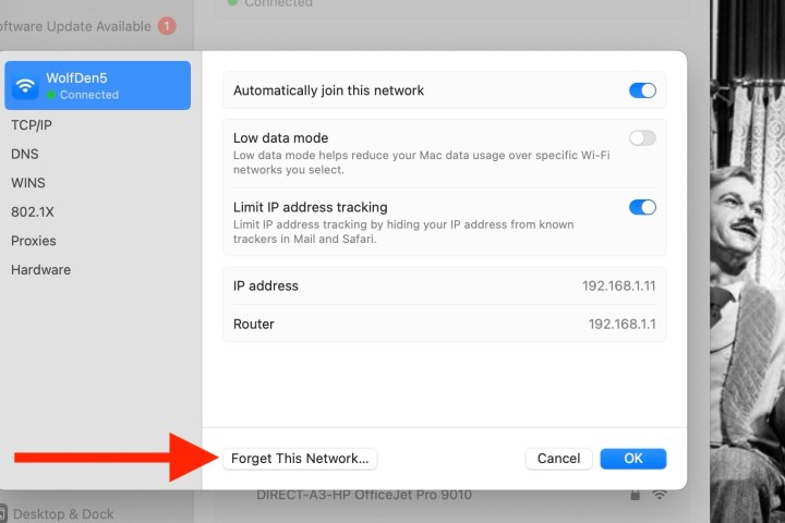 خيار Forget Network في نظام التشغيل macOS Sonoma.