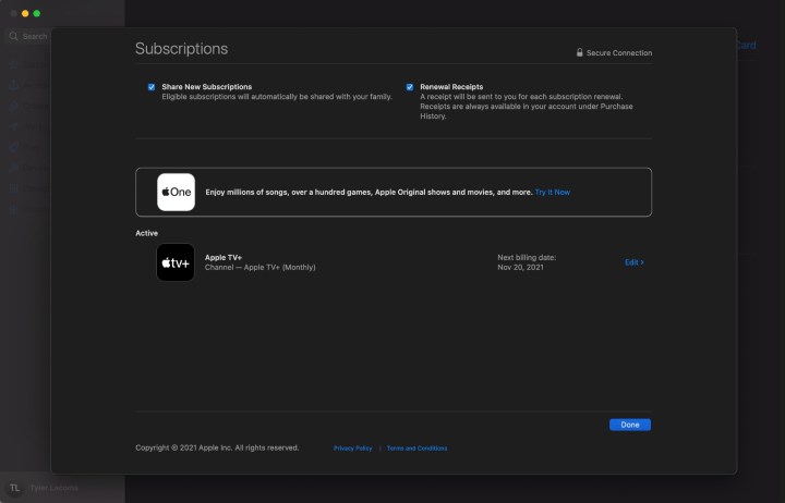 نافذة إدارة اشتراكات MacOS.