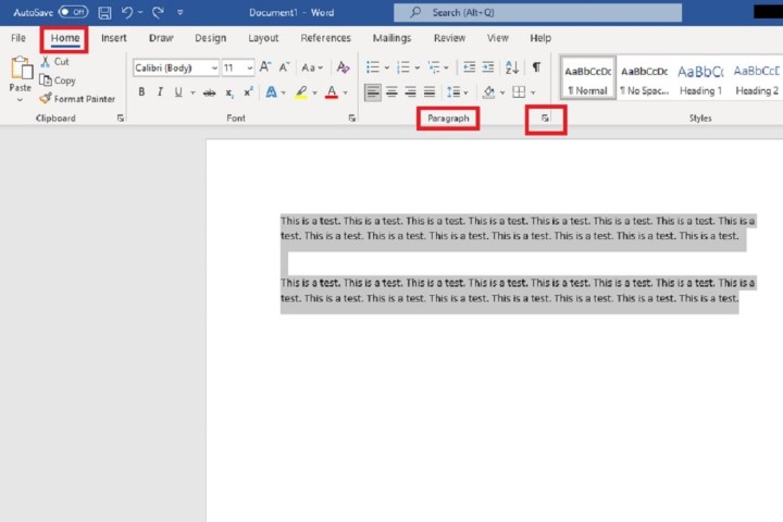 لقطة شاشة لبرنامج Microsoft Word تعرض علامة التبويب الصفحة الرئيسية والقسم الفرعي لقائمة الفقرة وزر تشغيل مربع الحوار.
