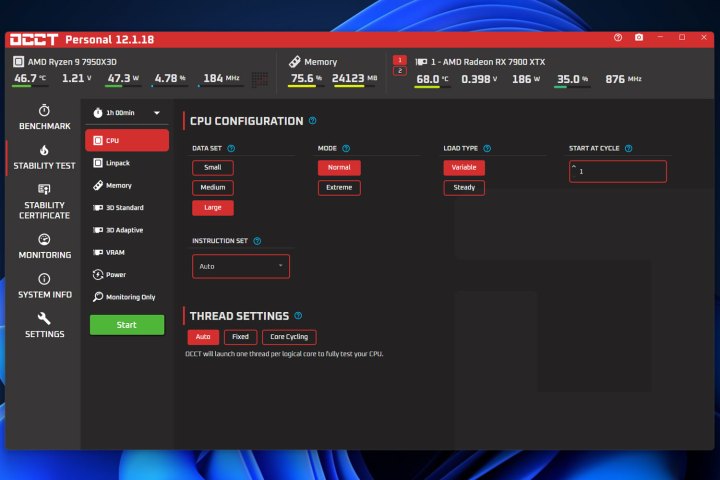 صفحة إعدادات اختبار الاستقرار OCCT.