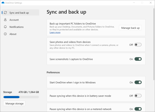 مزامنة إعدادات OneDrive والنسخ الاحتياطي