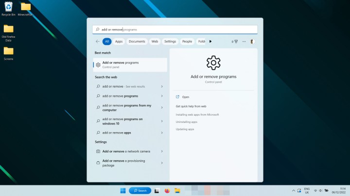 البحث عن إضافة وإزالة البرامج في نظام التشغيل Windows 11.