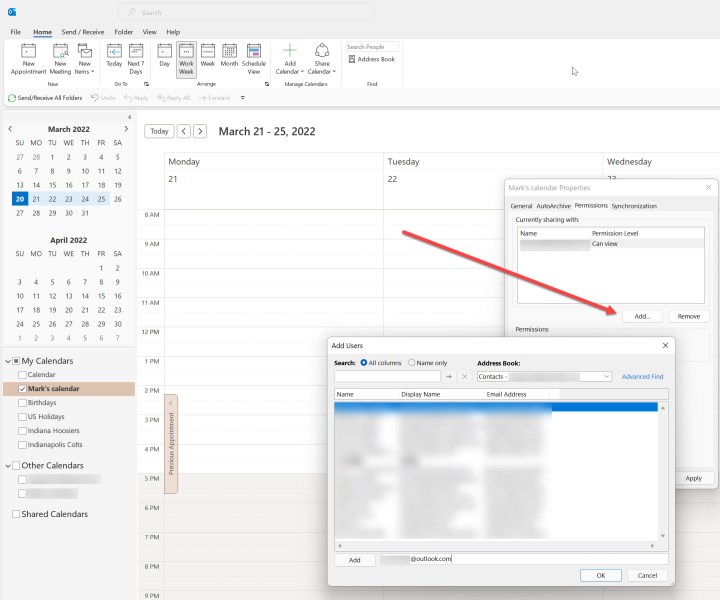 إضافة مستخدمين للمشاركة معهم في Microsoft Outlook.