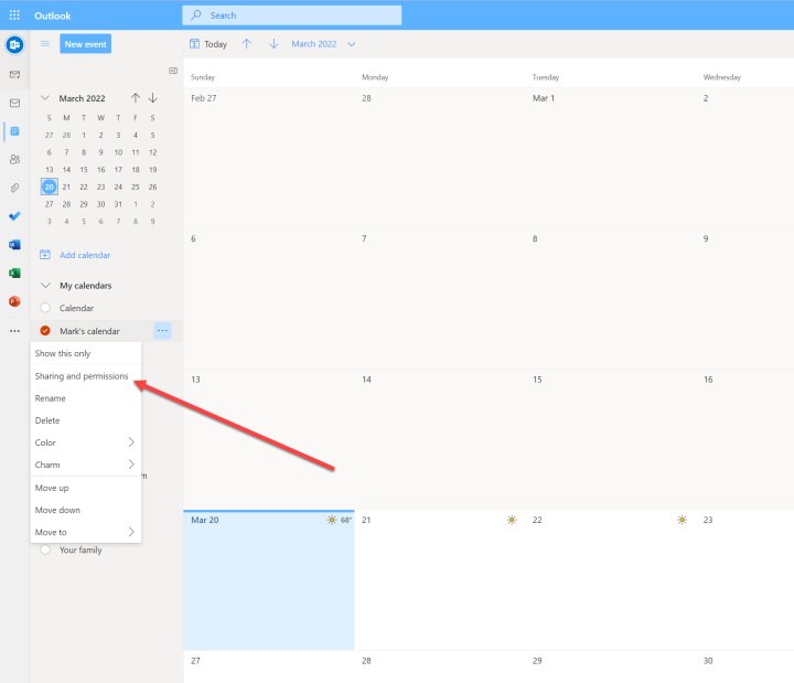 تحديد خيارات المشاركة في Microsoft Outlook.