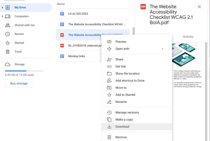 قائمة منسدلة مع تمييز خيار التنزيل من Google Drive..