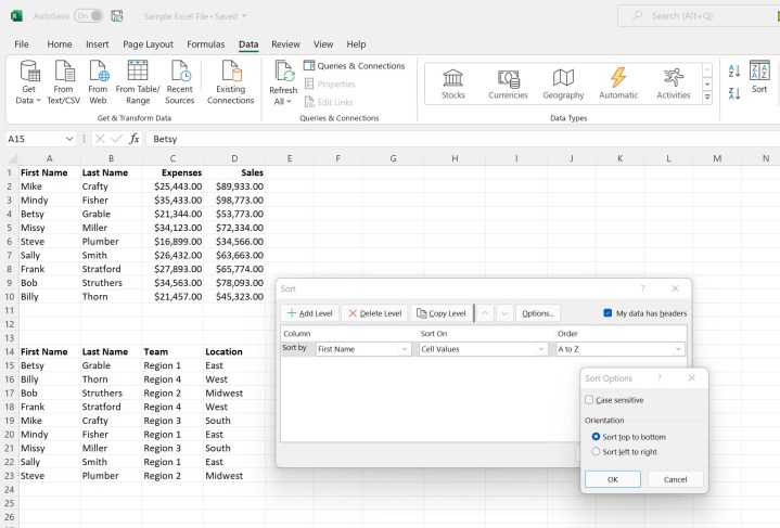 فرز الخيارات في Microsoft Excel.