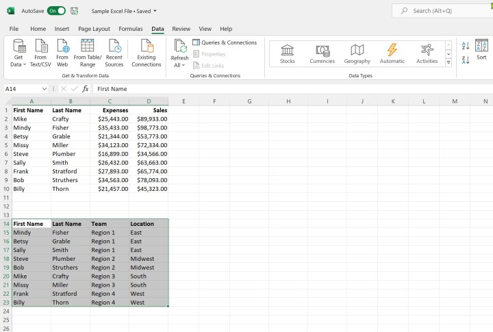 جدول مرتبة حسب الخيارات في Microsoft Excel.