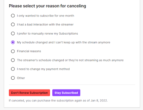 قائمة أسباب إلغاء Twitch.