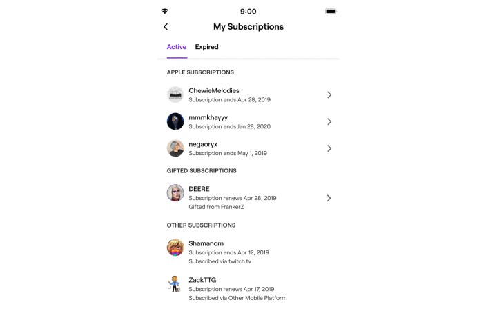 قائمة اشتراكات Twitch للهواتف الذكية.